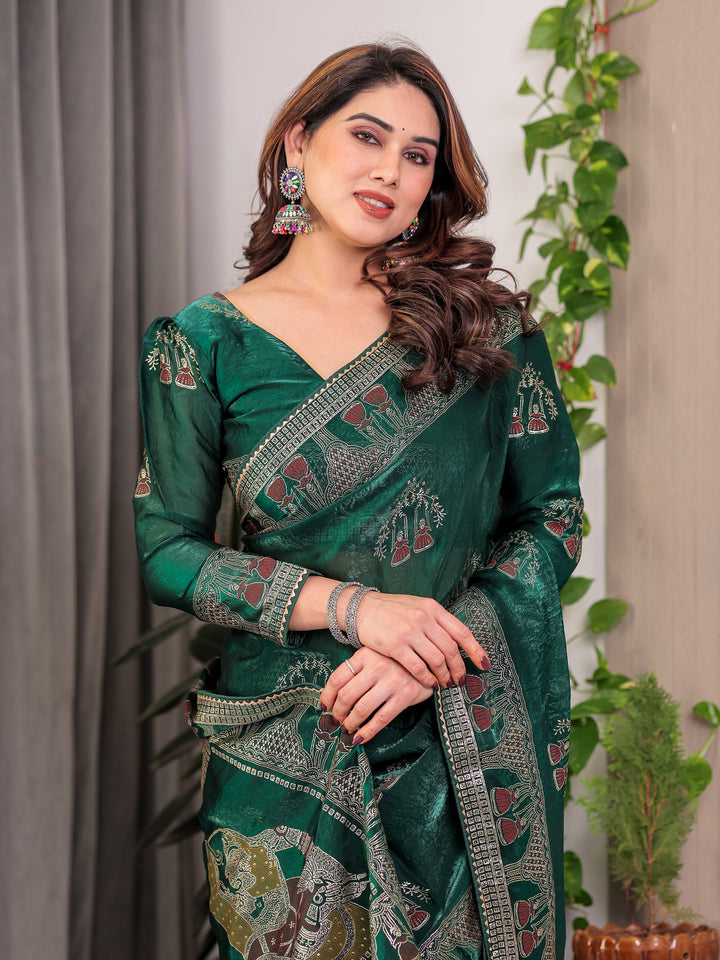 Emerald Green Fendi Satin Block & Foil Print Saree with Heritage Motif Border & Tassel Detail Blouse