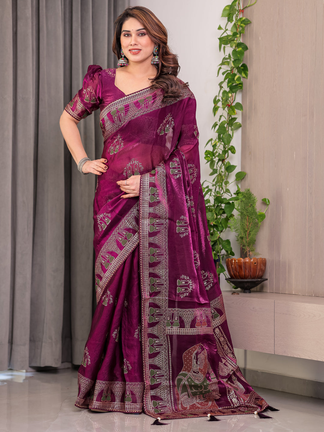 Wine Plum Fendi Satin Block & Foil Print Saree with Traditional Motif Border & Tassel Detail Blouse