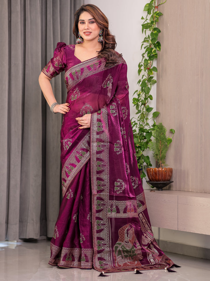 Wine Plum Fendi Satin Block & Foil Print Saree with Traditional Motif Border & Tassel Detail Blouse