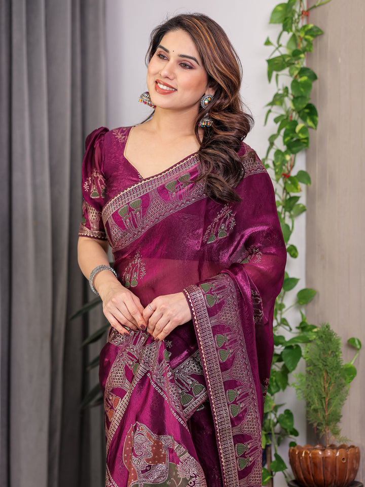 Wine Plum Fendi Satin Block & Foil Print Saree with Traditional Motif Border & Tassel Detail Blouse