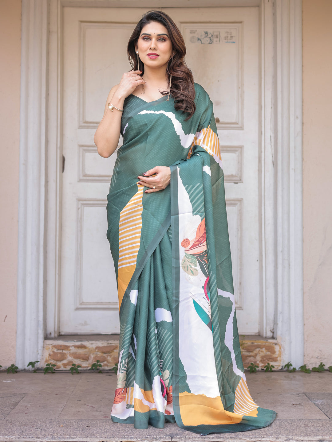 Bottle Green Abstract Printed Satin Georgette Saree with Designer Border & Unstitched Blouse – Modern Party & Office Wear