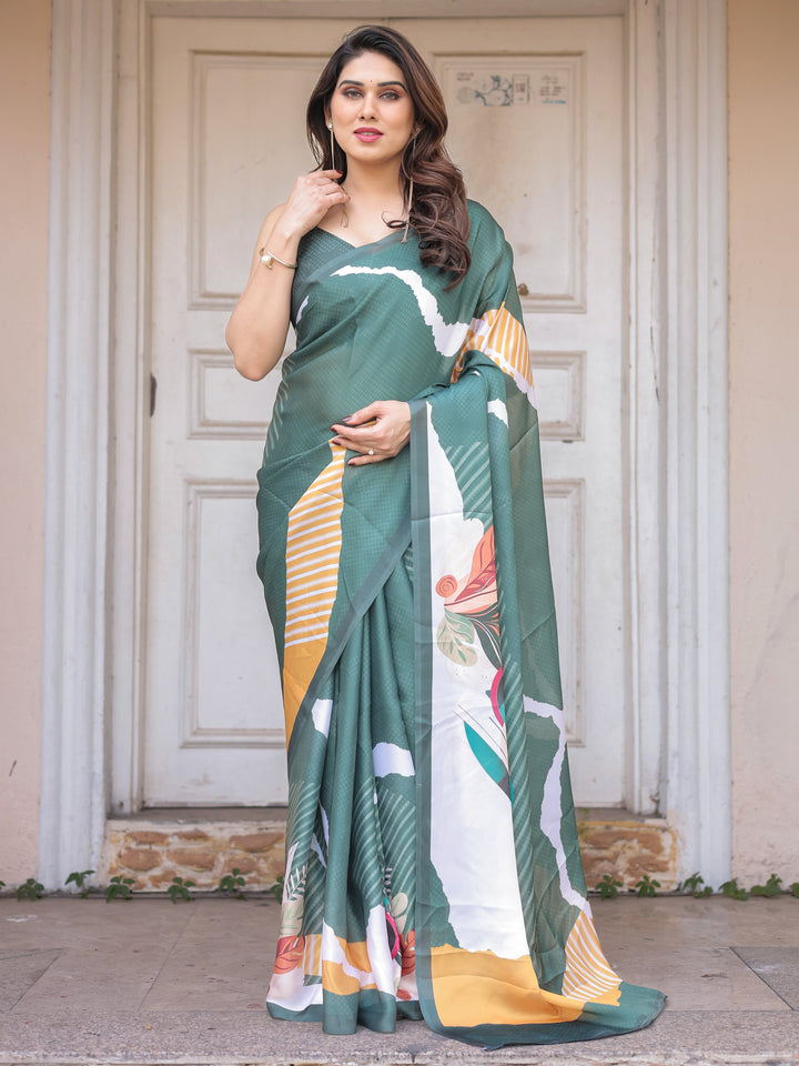Bottle Green Abstract Printed Satin Georgette Saree with Designer Border & Unstitched Blouse – Modern Party & Office Wear