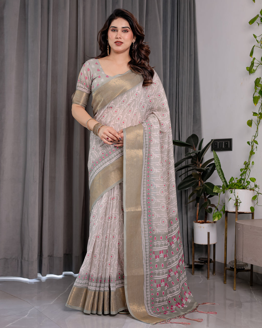 Crimson Pink & Teal Floral Handloom Linen Saree with Zari Border & Tassel Finish | 5.5m Saree + 0.8m Blouse