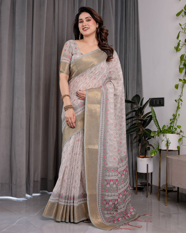Crimson Pink & Teal Floral Handloom Linen Saree with Zari Border & Tassel Finish | 5.5m Saree + 0.8m Blouse