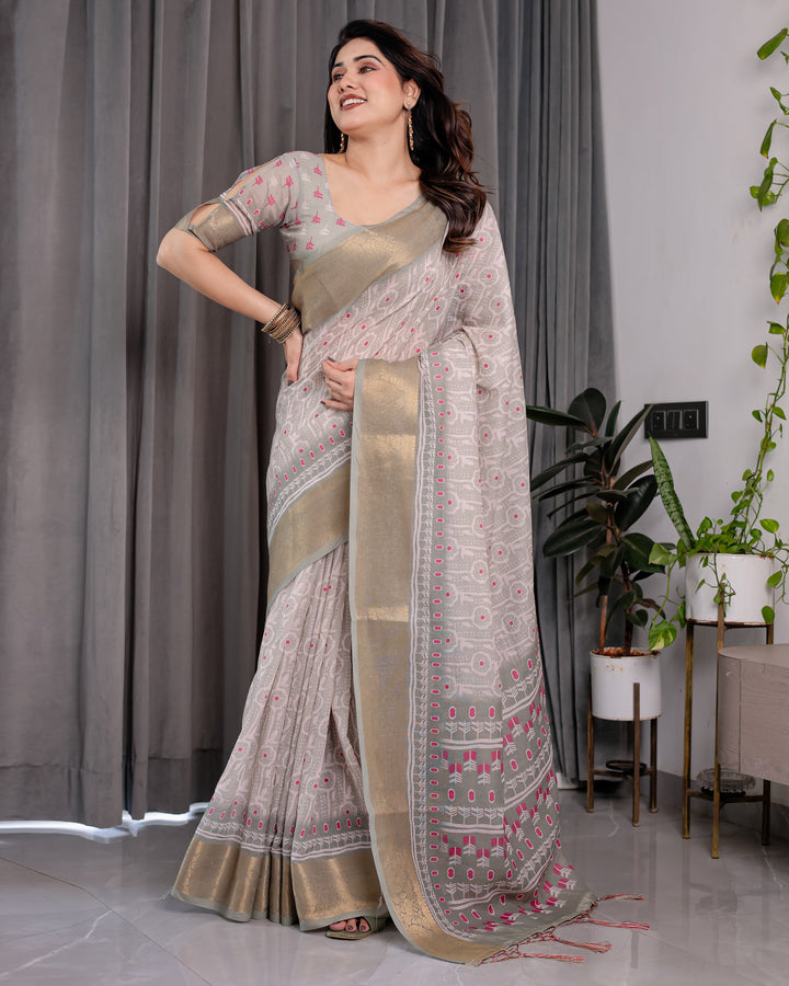 Crimson Pink & Teal Floral Handloom Linen Saree with Zari Border & Tassel Finish | 5.5m Saree + 0.8m Blouse