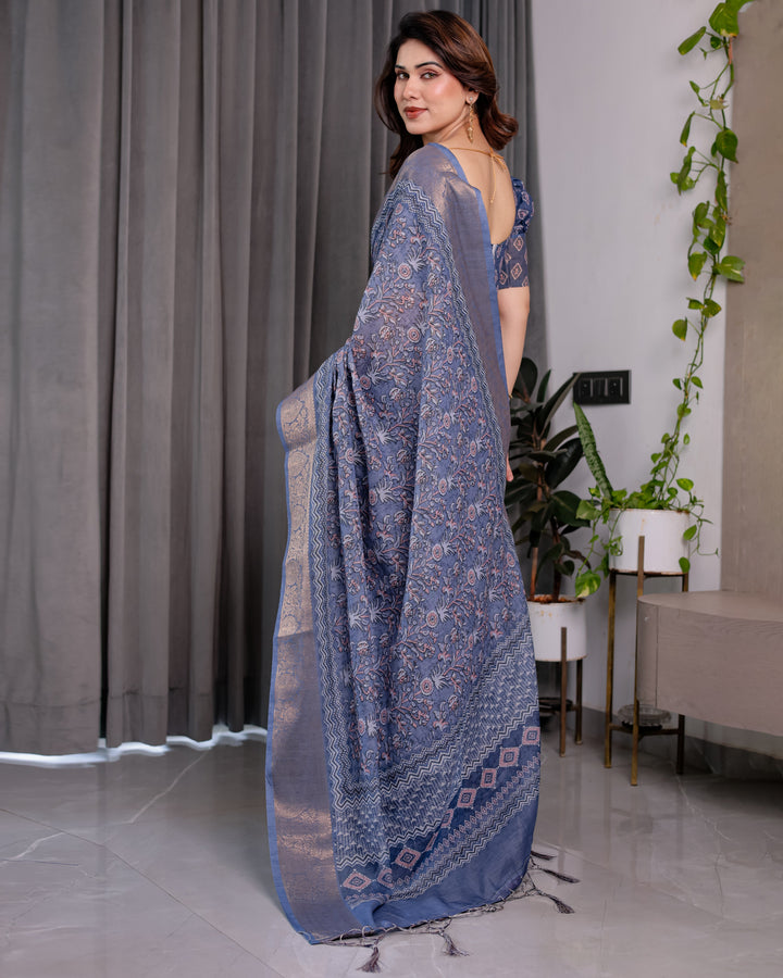 Dusty Blue Pure Handloom Linen Saree with All-Over Floral Vine Print & Zari Border | Geometric Pallu & Tassels | 5.5m Saree + 0.8m Blouse