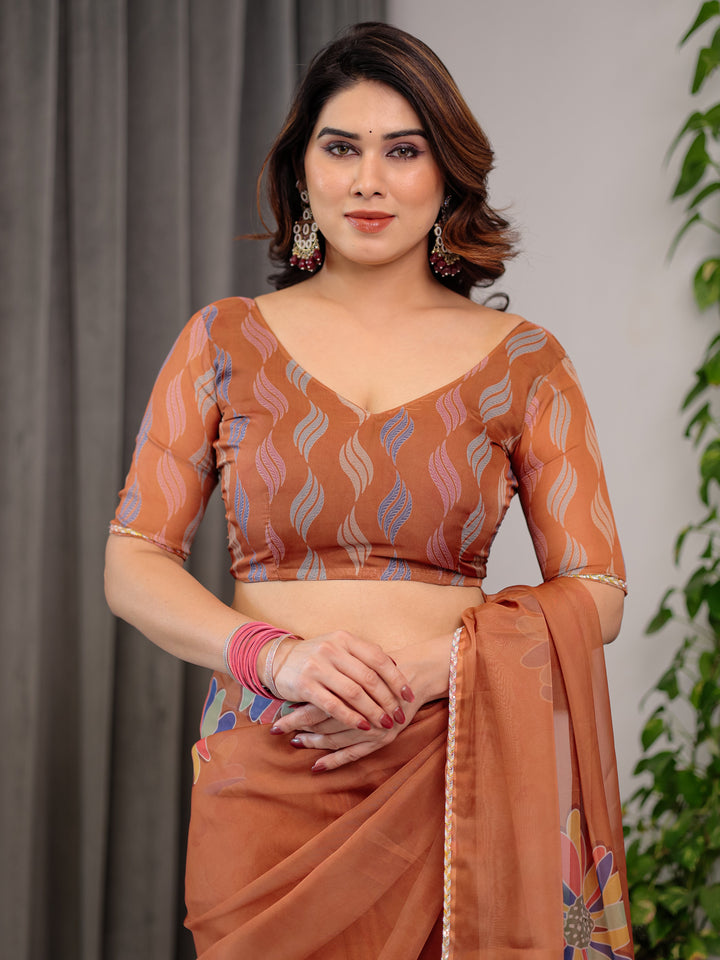 Rust Orange Floral Printed Organza Saree with Multicolour Lace Border | Lightweight Designer Organza Saree with Attached Blouse Piece | Elegant Festive & Party Wear Saree