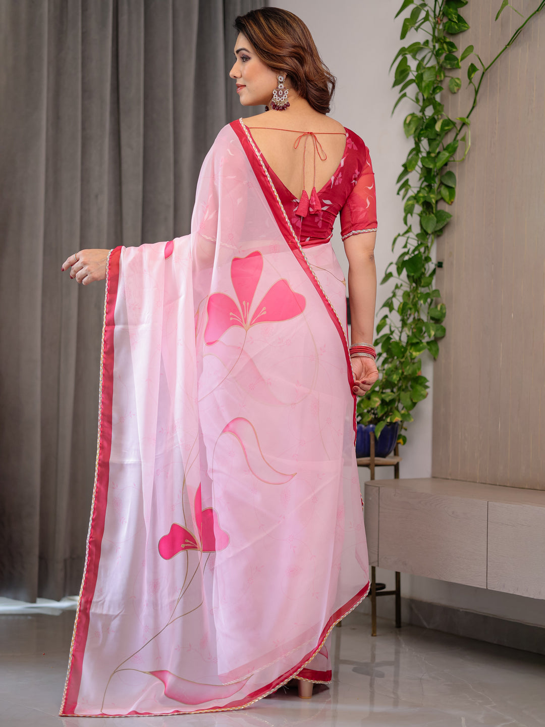 Blush Pink Floral Printed Organza Saree with Red Multicolour Lace Border | Lightweight Designer Organza Saree with Attached Blouse Piece | Elegant Festive & Party Wear Saree