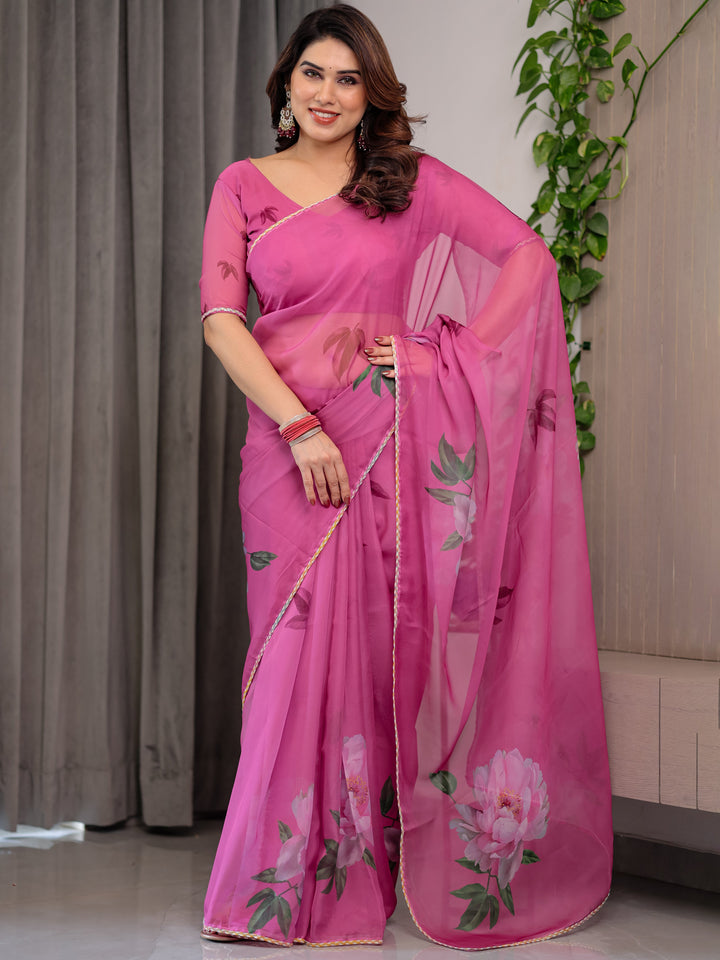 Rose Pink Floral Printed Organza Saree with Multicolour Lace Border | Designer Lightweight Organza Saree with Attached Blouse Piece | Elegant Festive & Party Wear Saree