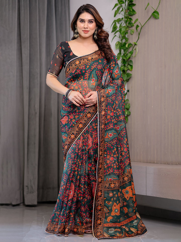 Black Printed Organza Saree with Floral & Traditional Motifs and Multicolour Lace Border | Designer Lightweight Organza Saree with Attached Blouse Piece | Festive & Party Wear Saree