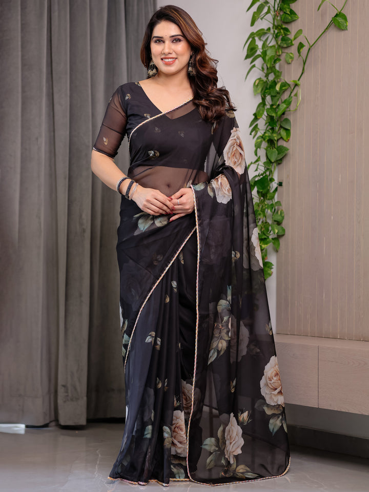 Elegant Black Floral Printed Organza Saree with Rose Motifs | Lightweight Designer Sheer Saree with Attached Blouse Piece | Party Wear & Evening Ethnic Saree