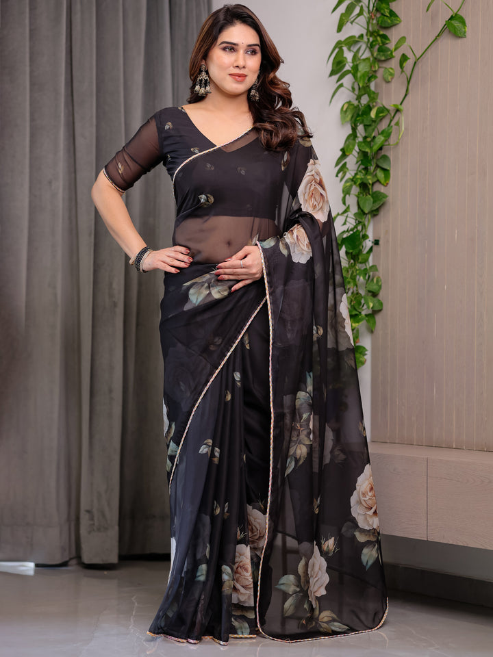 Elegant Black Floral Printed Organza Saree with Rose Motifs | Lightweight Designer Sheer Saree with Attached Blouse Piece | Party Wear & Evening Ethnic Saree