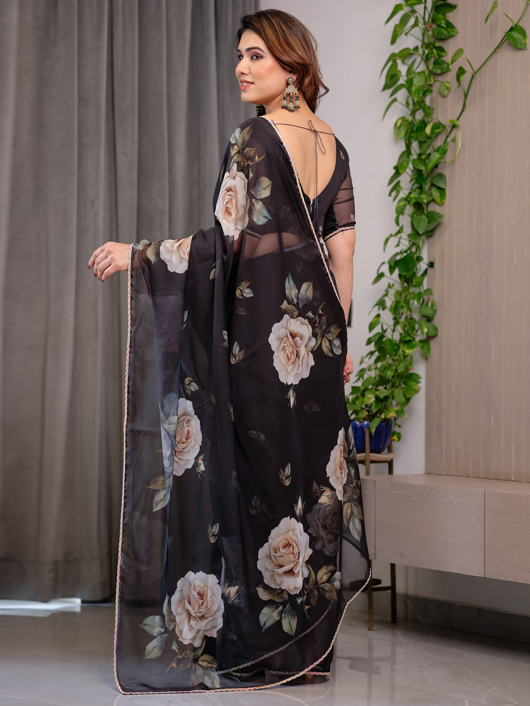 Elegant Black Floral Printed Organza Saree with Rose Motifs | Lightweight Designer Sheer Saree with Attached Blouse Piece | Party Wear & Evening Ethnic Saree