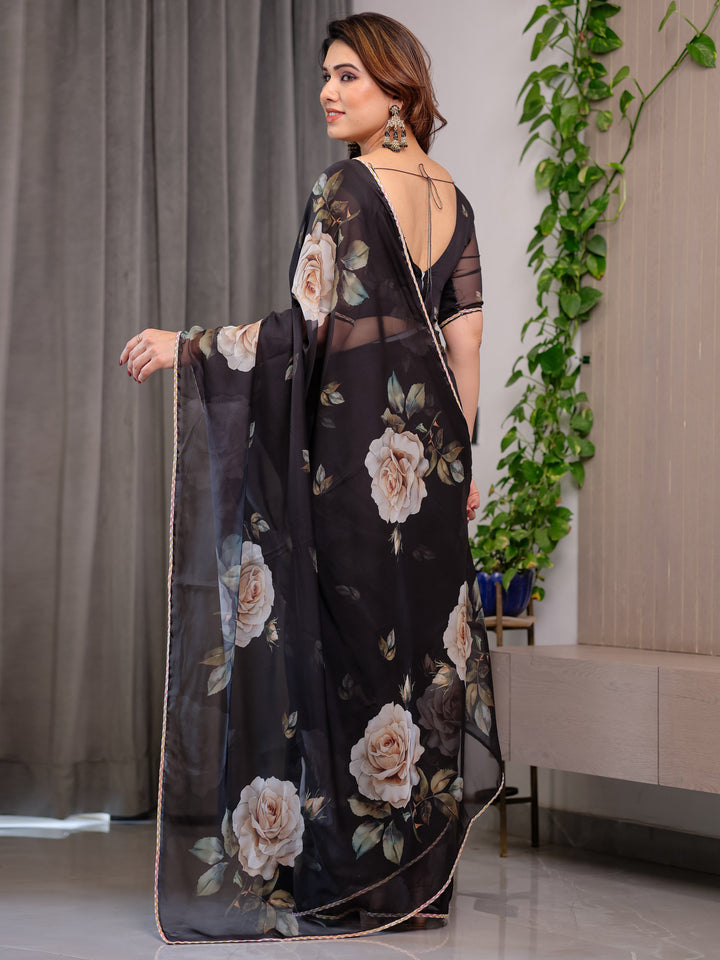 Elegant Black Floral Printed Organza Saree with Rose Motifs | Lightweight Designer Sheer Saree with Attached Blouse Piece | Party Wear & Evening Ethnic Saree
