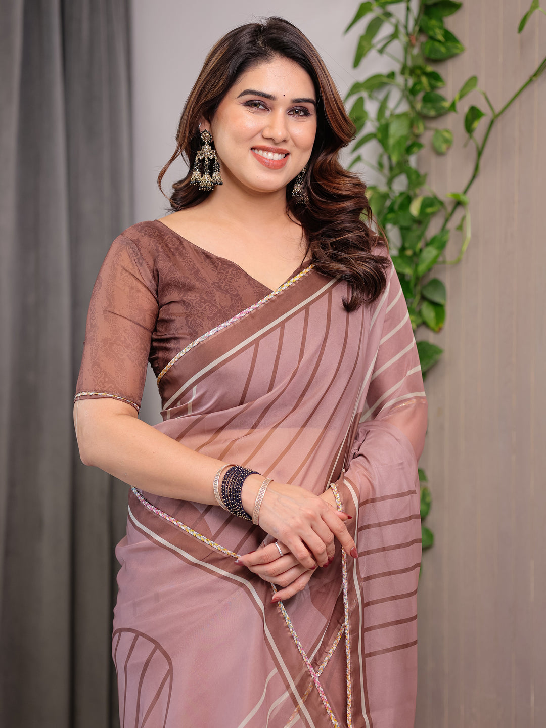 Dusty Rose Geometric Printed Organza Saree with Multicolour Lace Border | Designer Lightweight Organza Saree with Attached Blouse Piece | Elegant Contemporary Festive Saree