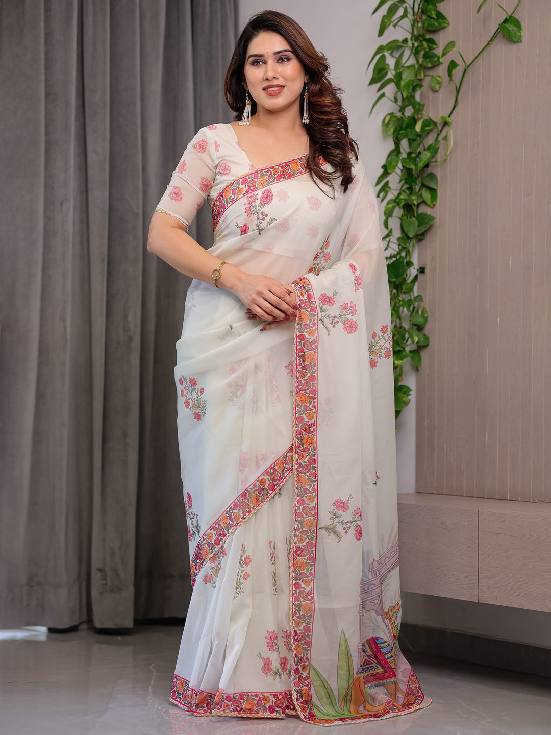 Ivory White Designer Organza Saree with Royal Elephant & Camel Motifs | Floral Printed Lightweight Organza Saree with Attached Blouse | Festive & Ethnic Wear Saree