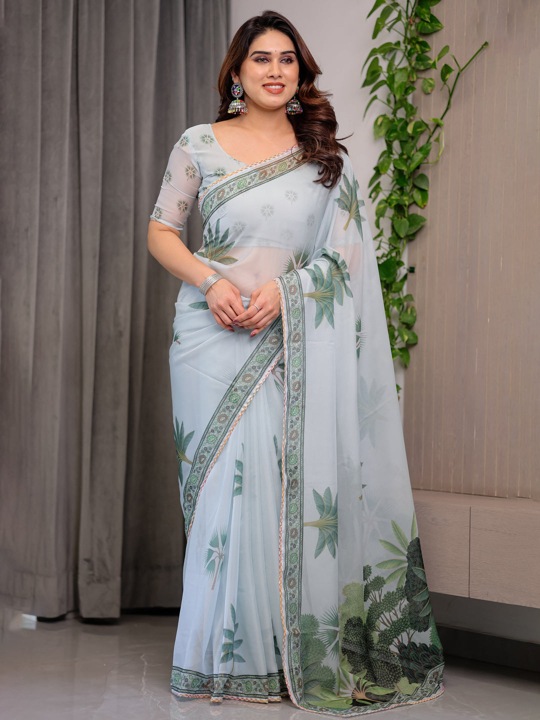 Pastel Mint Green Printed Organza Saree with Tropical Leaf Motifs | Designer Lightweight Sheer Organza Saree with Attached Blouse Piece | Elegant Festive & Day Party Saree