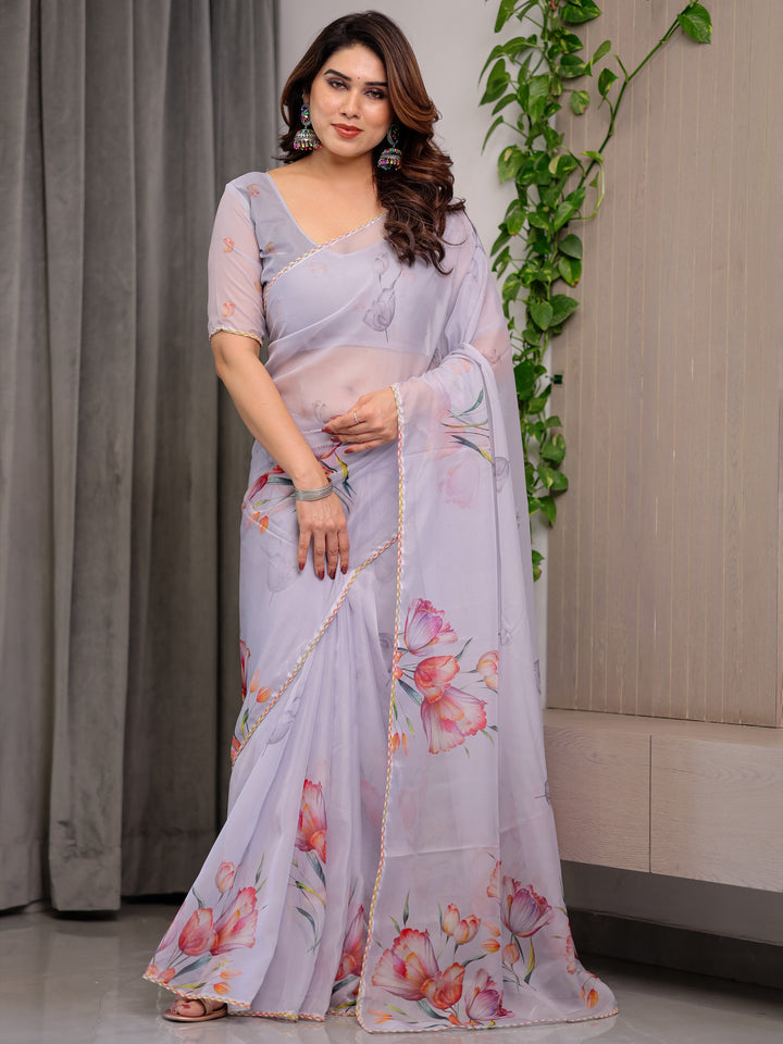 Lavender Grey Floral Printed Organza Saree with Tulip Motifs | Designer Lightweight Sheer Organza Saree with Attached Blouse Piece | Elegant Festive & Party Wear Saree