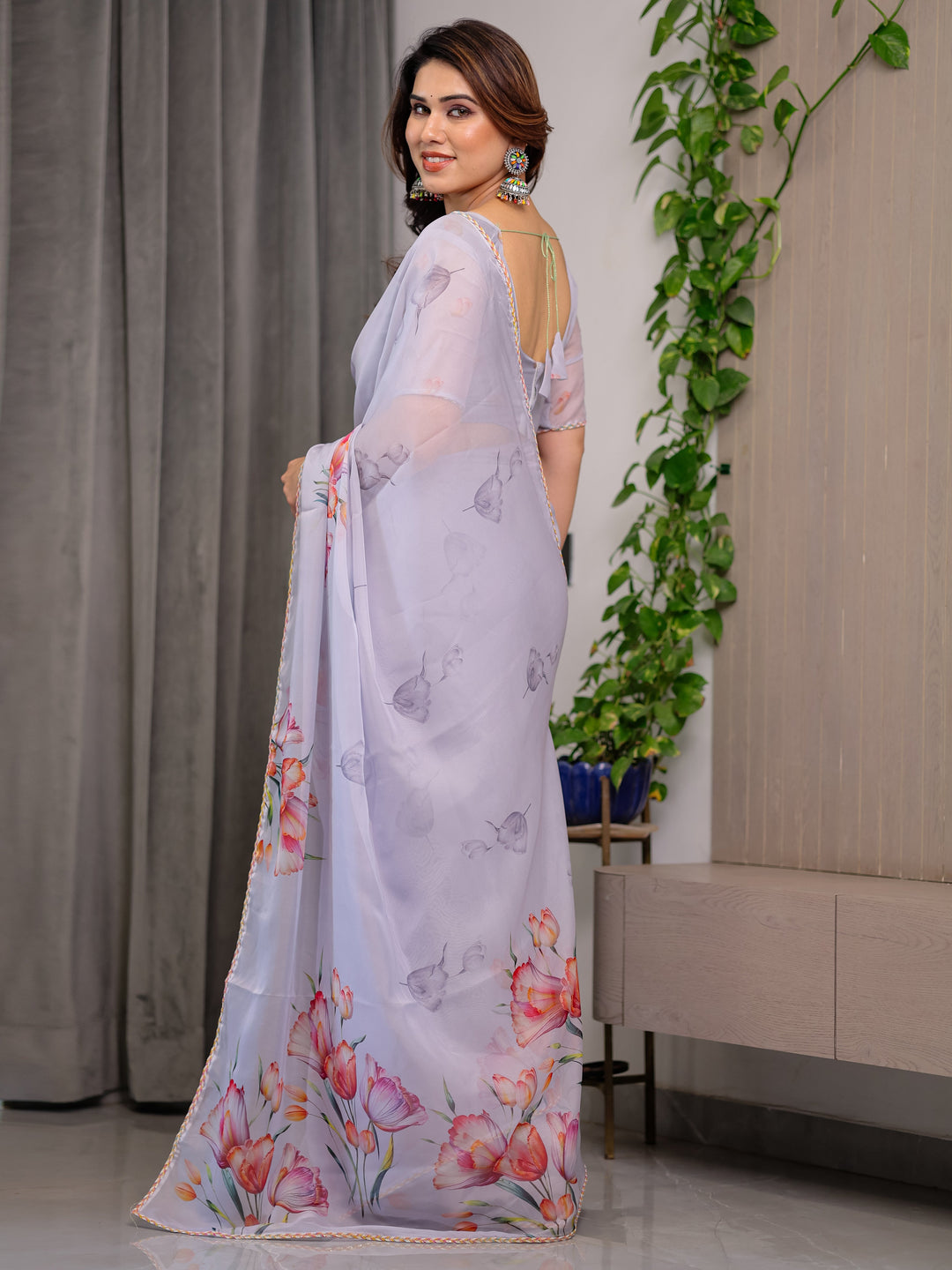Lavender Grey Floral Printed Organza Saree with Tulip Motifs | Designer Lightweight Sheer Organza Saree with Attached Blouse Piece | Elegant Festive & Party Wear Saree