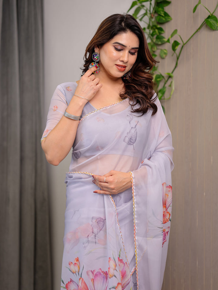 Lavender Grey Floral Printed Organza Saree with Tulip Motifs | Designer Lightweight Sheer Organza Saree with Attached Blouse Piece | Elegant Festive & Party Wear Saree