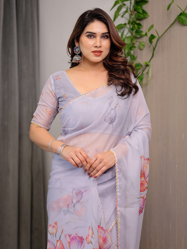 Lavender Grey Floral Printed Organza Saree with Tulip Motifs | Designer Lightweight Sheer Organza Saree with Attached Blouse Piece | Elegant Festive & Party Wear Saree