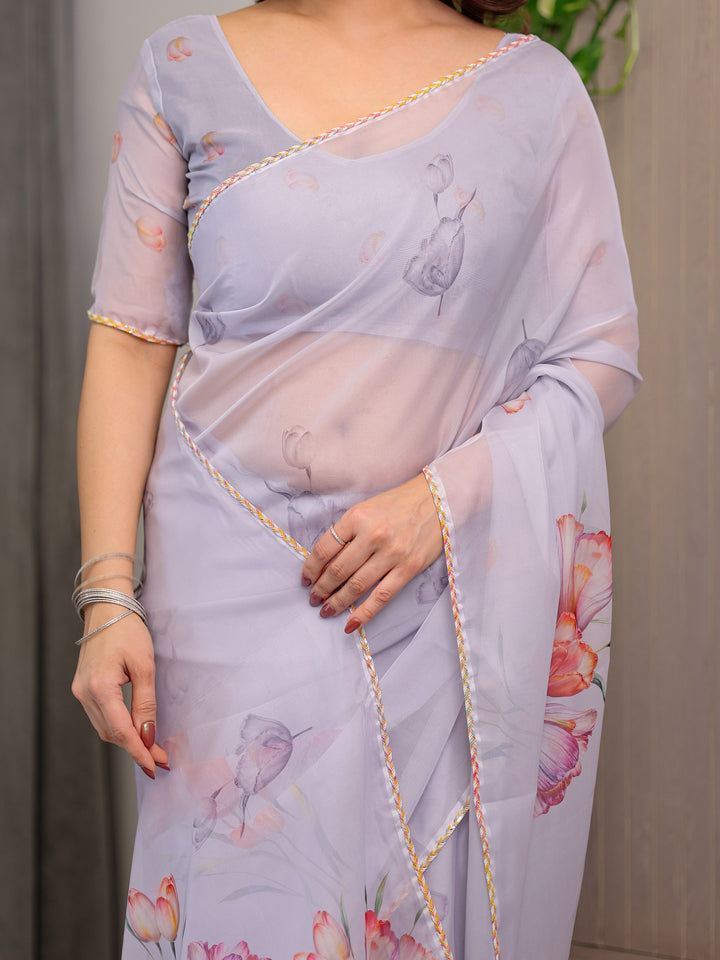 Lavender Grey Floral Printed Organza Saree with Tulip Motifs | Designer Lightweight Sheer Organza Saree with Attached Blouse Piece | Elegant Festive & Party Wear Saree