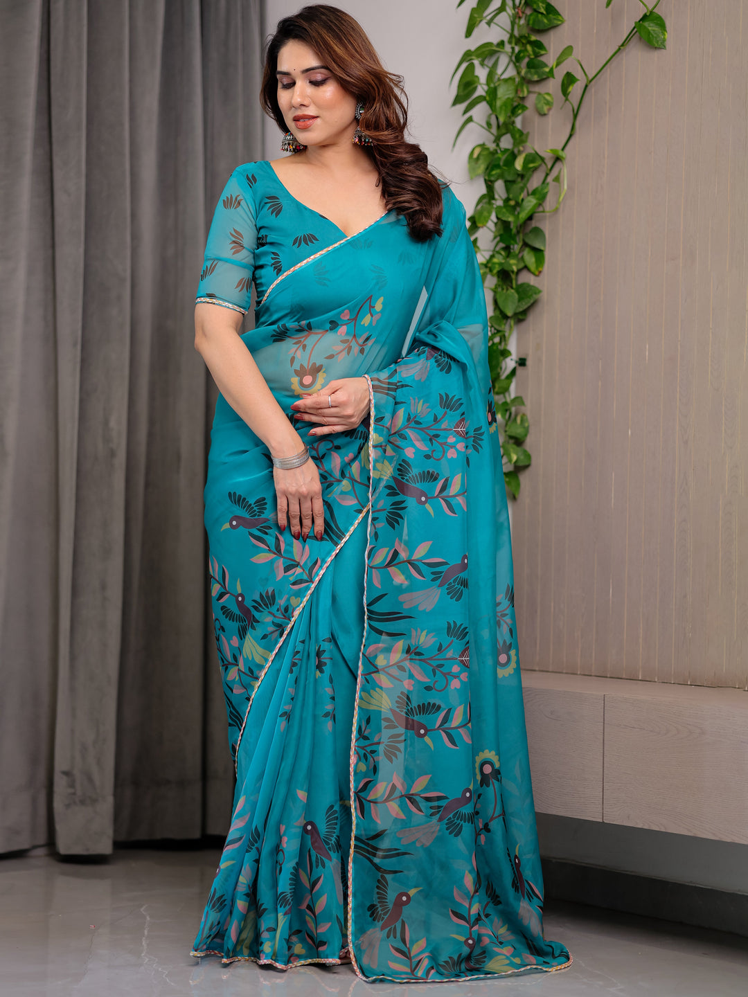 Teal Green Printed Organza Saree with Floral & Bird Motifs and Multicolour Lace Border | Designer Lightweight Organza Saree with Attached Blouse Piece | Elegant Festive & Party Wear Saree
