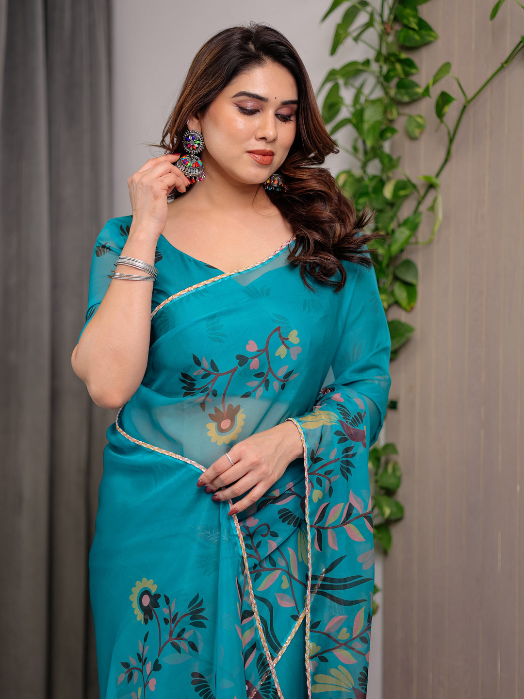 Teal Green Printed Organza Saree with Floral & Bird Motifs and Multicolour Lace Border | Designer Lightweight Organza Saree with Attached Blouse Piece | Elegant Festive & Party Wear Saree