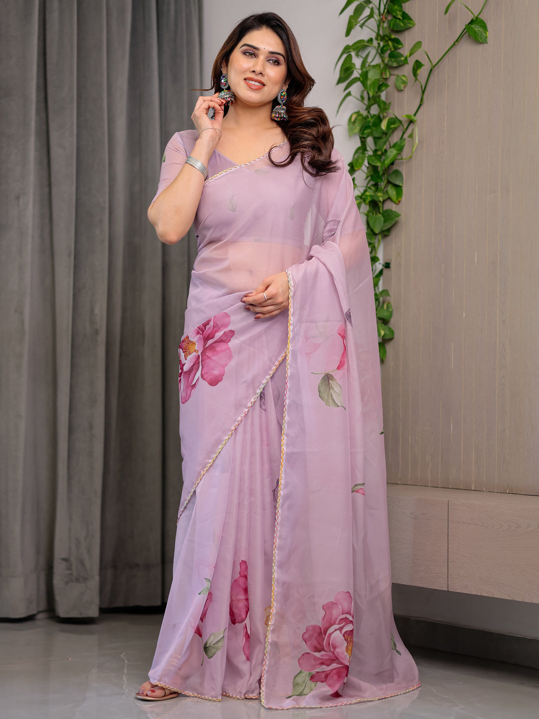 Dusty Rose Pink Floral Printed Organza Saree with Watercolour Rose Motifs | Designer Lightweight Sheer Organza Saree with Attached Blouse | Elegant Festive & Party Wear Saree