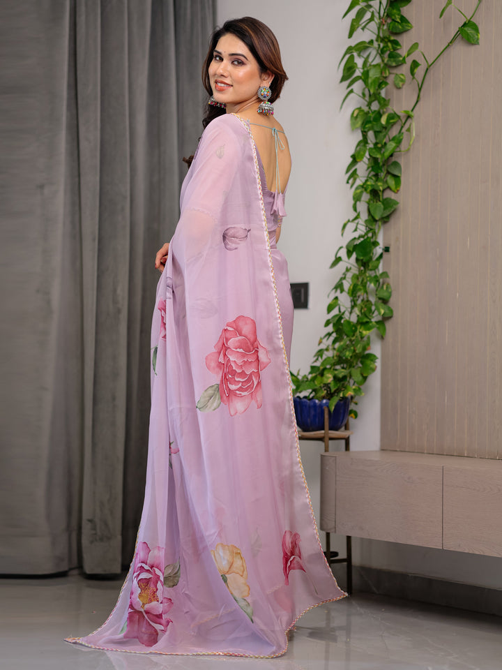 Dusty Rose Pink Floral Printed Organza Saree with Watercolour Rose Motifs | Designer Lightweight Sheer Organza Saree with Attached Blouse | Elegant Festive & Party Wear Saree