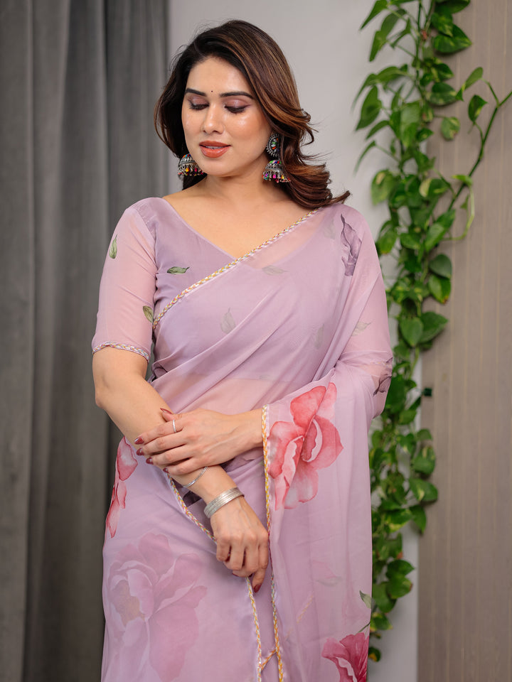 Dusty Rose Pink Floral Printed Organza Saree with Watercolour Rose Motifs | Designer Lightweight Sheer Organza Saree with Attached Blouse | Elegant Festive & Party Wear Saree