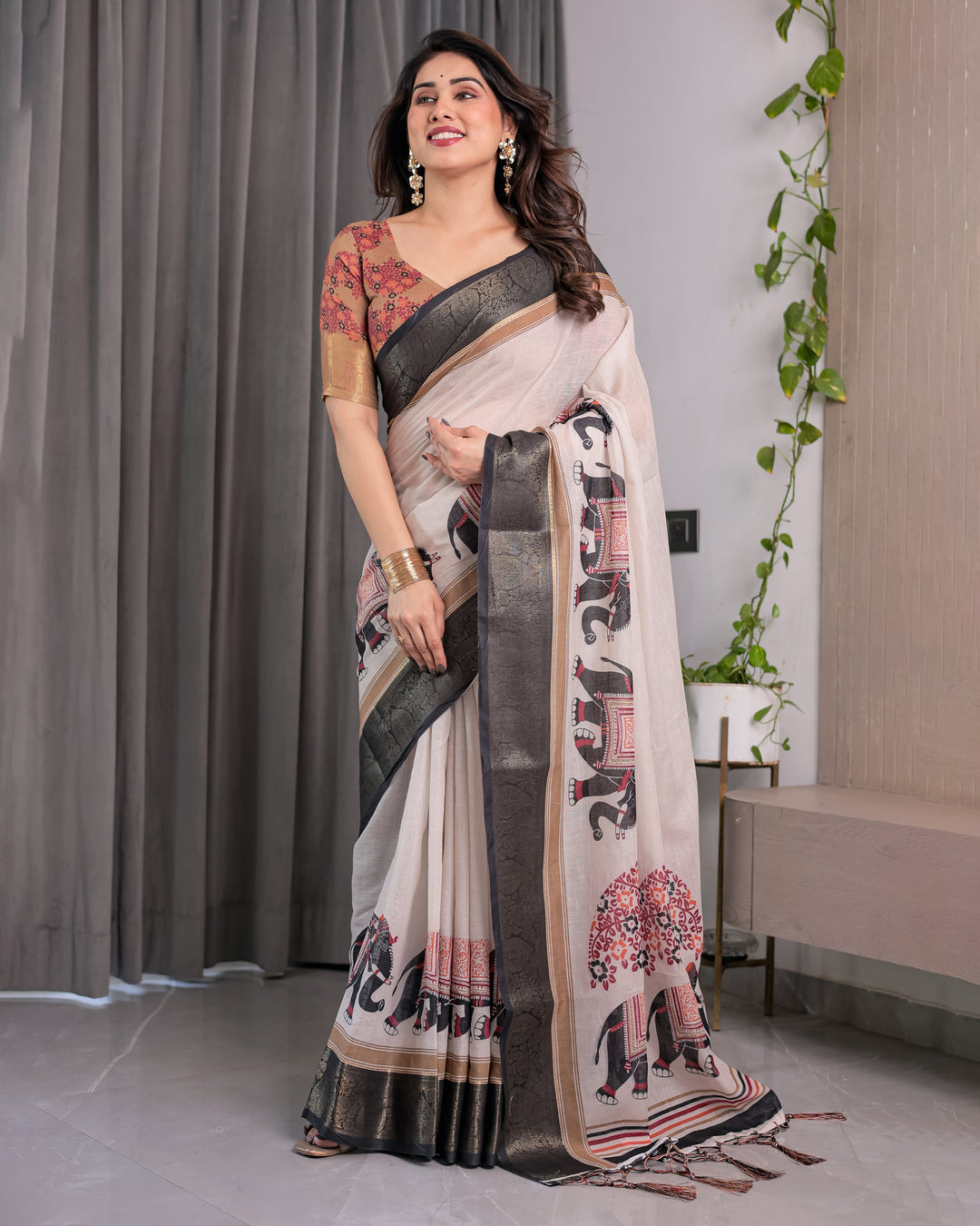 Ivory Handloom Linen Saree with Elephant Parade Print, Tree Motifs & Antique Zari Border | Tassel Finish | Attached Blouse | 5.5m Saree + 0.8m Blouse