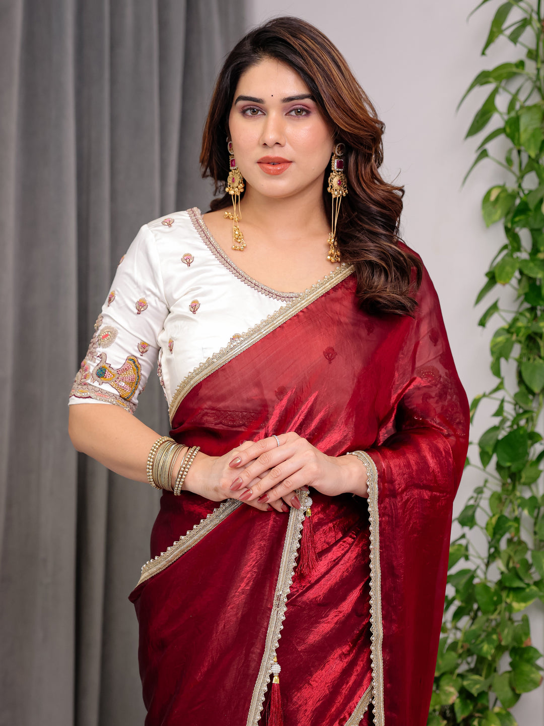 Wine Red Fendy Satin Saree with Pearl Lace Border & Tassel Pallu | Premium Shimmer Satin Saree with Heavy Embroidered Designer Peacock Blouse | Zari Floral Embroidery Blouse Saree for Wedding & Festive Wear