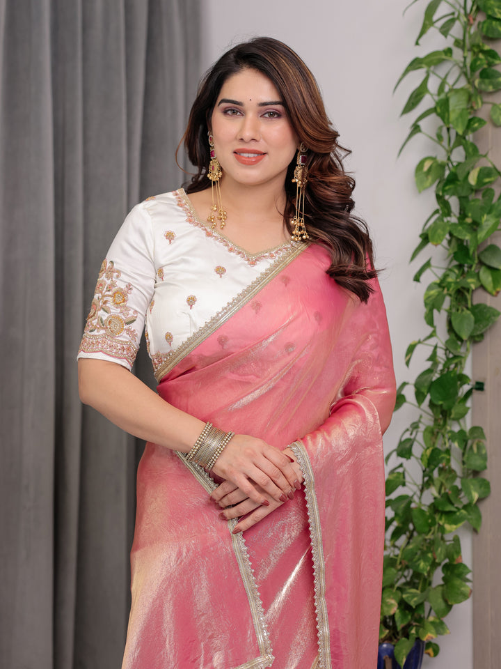 Blush Pink Fendy Satin Saree with Pearl Lace Border & Tassel Pallu | Designer Shimmer Satin Saree with Heavy Embroidered Floral Blouse | Zari Threadwork Designer Blouse Festive Saree