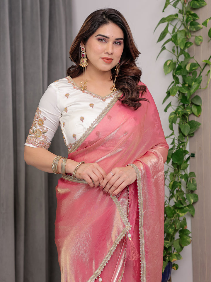 Blush Pink Fendy Satin Saree with Pearl Lace Border & Tassel Pallu | Designer Shimmer Satin Saree with Heavy Embroidered Floral Blouse | Zari Threadwork Designer Blouse Festive Saree