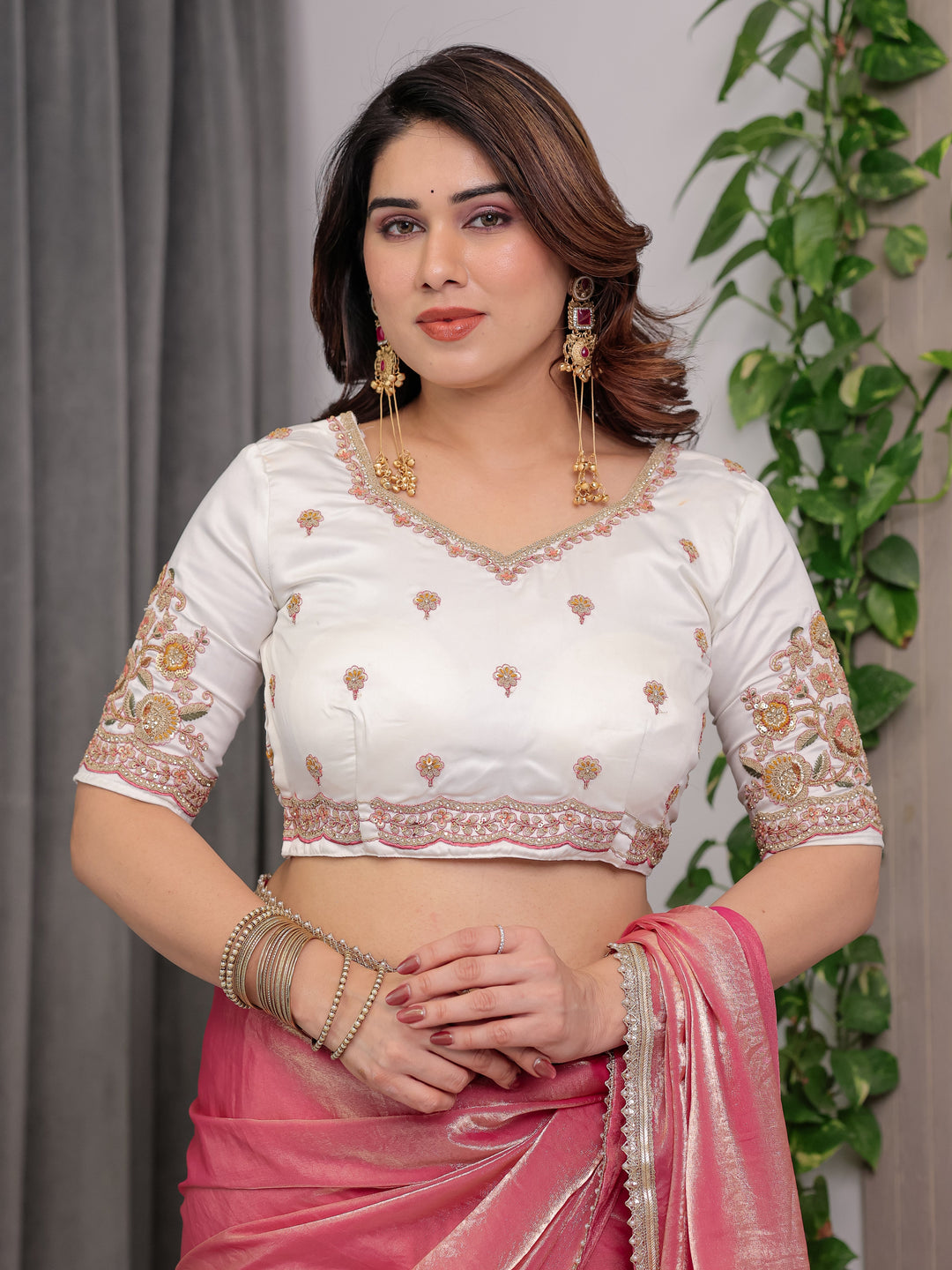 Blush Pink Fendy Satin Saree with Pearl Lace Border & Tassel Pallu | Designer Shimmer Satin Saree with Heavy Embroidered Floral Blouse | Zari Threadwork Designer Blouse Festive Saree