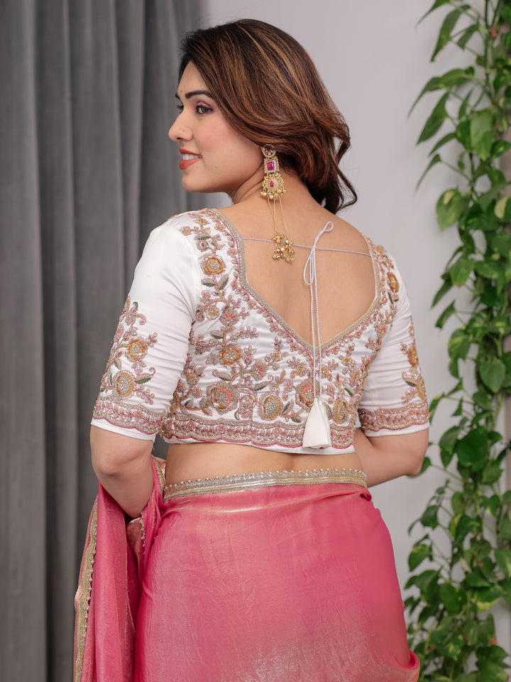 Blush Pink Fendy Satin Saree with Pearl Lace Border & Tassel Pallu | Designer Shimmer Satin Saree with Heavy Embroidered Floral Blouse | Zari Threadwork Designer Blouse Festive Saree