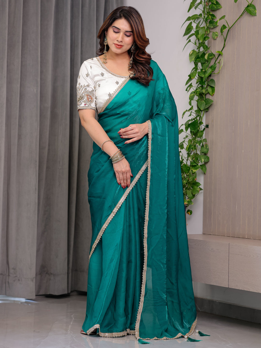 Emerald Green Fendy Satin Saree with Pearl Lace Border & Tassel Pallu | Premium Shimmer Satin Saree with Heavy Embroidered Designer Blouse | Zari Floral & Peacock Embroidery Blouse Festive Saree