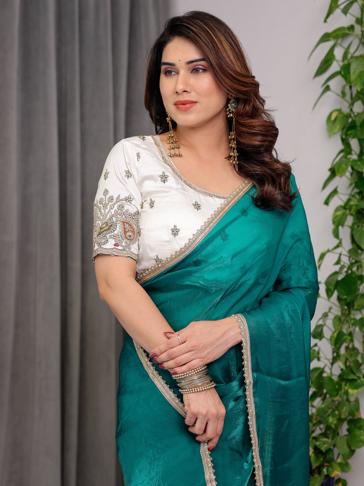 Emerald Green Fendy Satin Saree with Pearl Lace Border & Tassel Pallu | Premium Shimmer Satin Saree with Heavy Embroidered Designer Blouse | Zari Floral & Peacock Embroidery Blouse Festive Saree