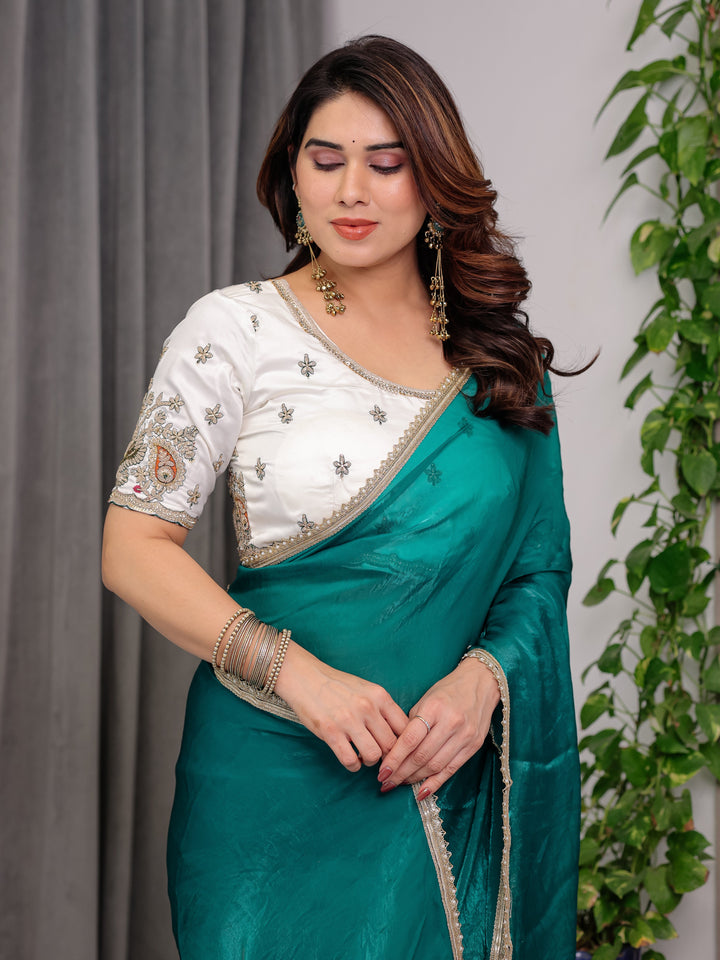 Emerald Green Fendy Satin Saree with Pearl Lace Border & Tassel Pallu | Premium Shimmer Satin Saree with Heavy Embroidered Designer Blouse | Zari Floral & Peacock Embroidery Blouse Festive Saree