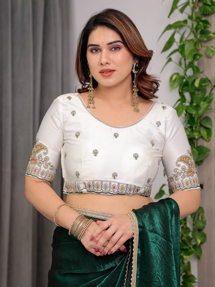 Emerald Bottle Green Fendy Satin Saree with Pearl Lace Border & Tassel Pallu | Premium Shimmer Satin Saree with Heavy Embroidered Designer Blouse | Zari Floral Paisley Embroidery Blouse Festive Saree