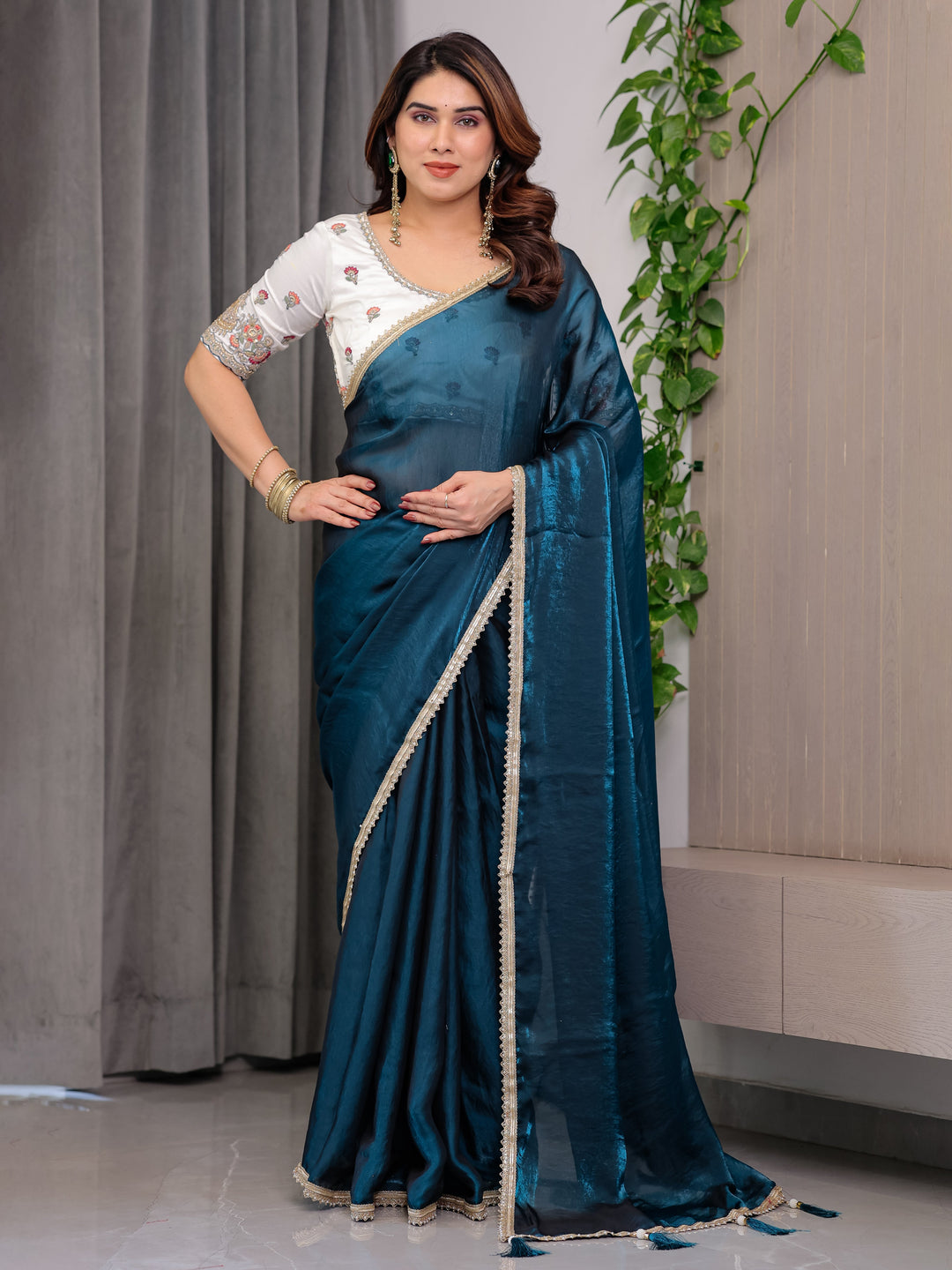 Deep Teal Fendy Satin Designer Saree with Pearl Lace Border & Tassel Pallu | Premium Shimmer Satin Saree with Heavy Floral Embroidered Ivory Blouse | Wedding & Festive Wear Saree