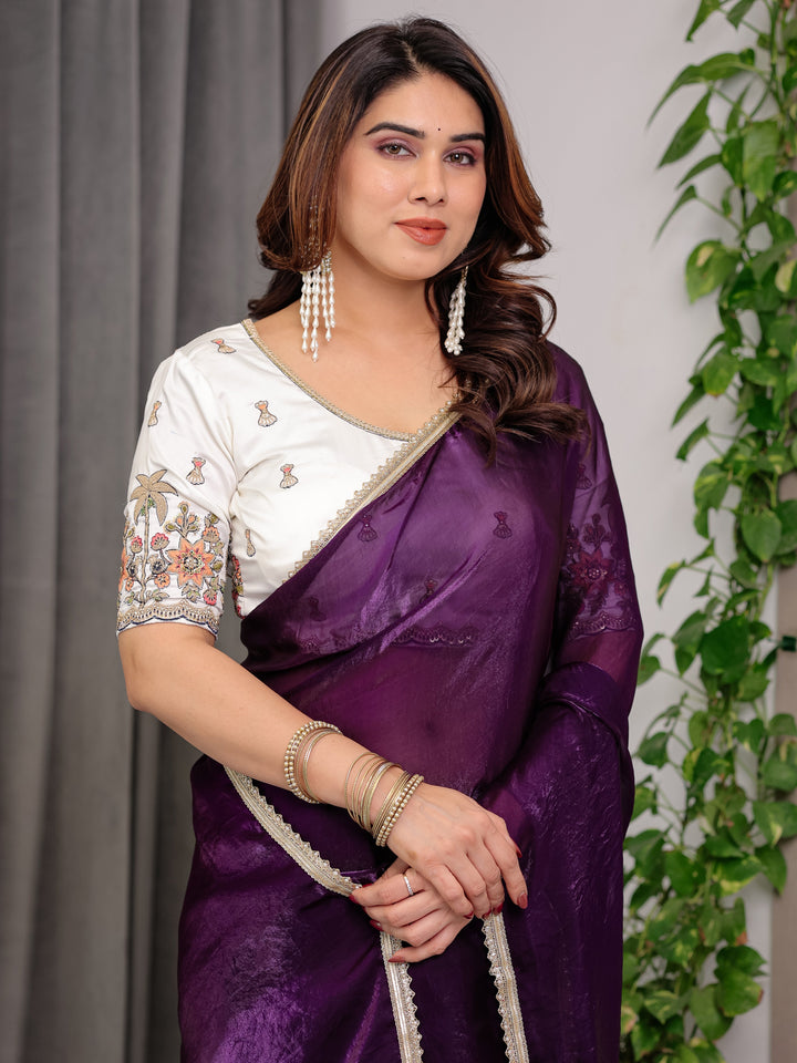 Royal Plum Purple Fendy Satin Designer Saree with Pearl Lace Border & Tassel Pallu | Premium Shimmer Satin Saree with Heavy Floral Embroidered Ivory Blouse | Wedding & Festive Wear Saree