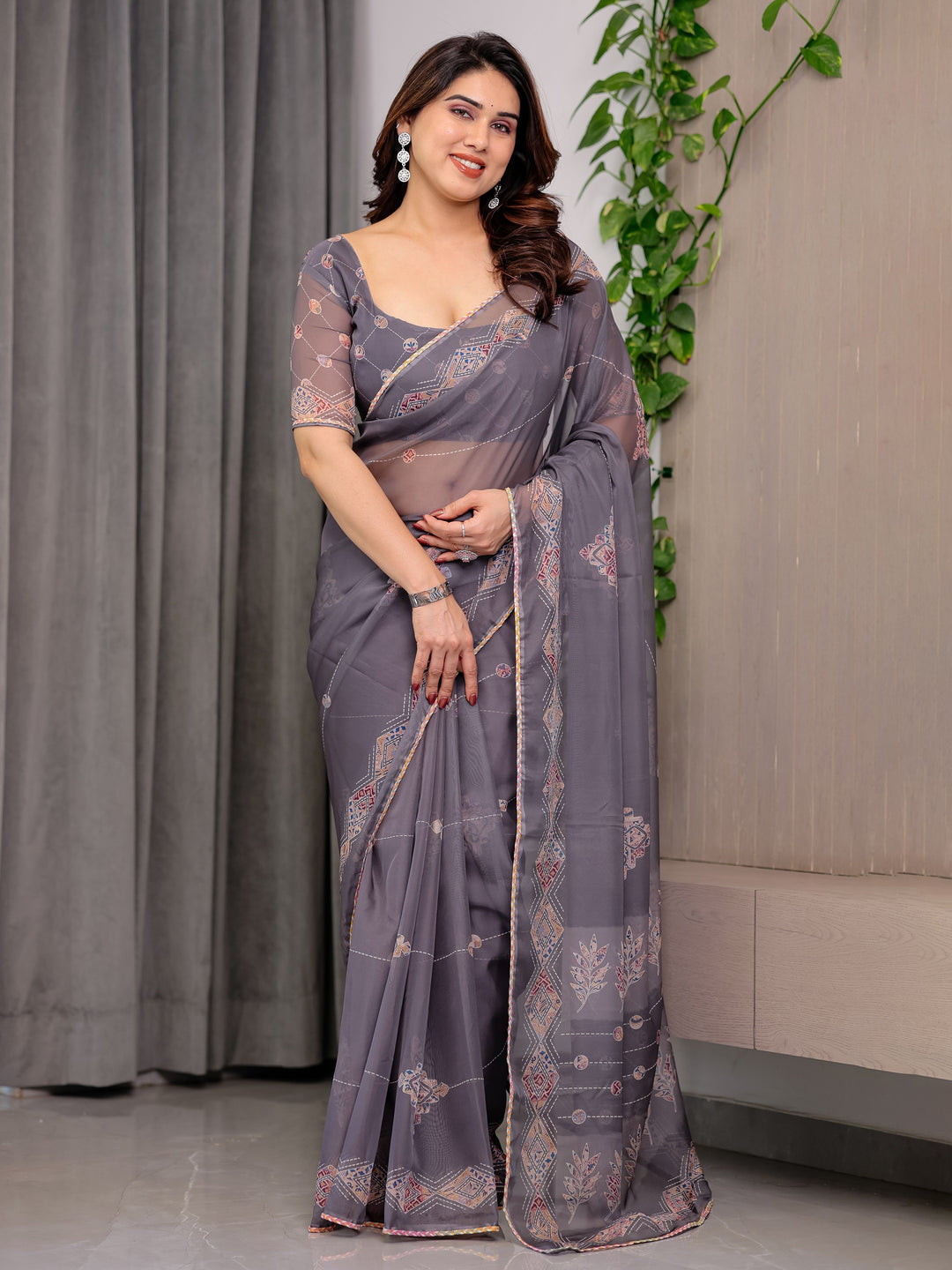 Smoky Grey Printed Organza Saree with Ethnic Motifs & Multicolour Lace Border | Designer Lightweight Organza Saree with Attached Blouse Piece | Elegant Festive & Party Wear Saree