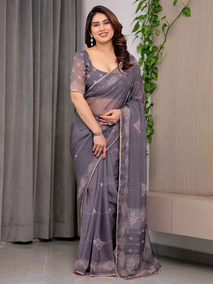 Smoky Grey Printed Organza Saree with Ethnic Motifs & Multicolour Lace Border | Designer Lightweight Organza Saree with Attached Blouse Piece | Elegant Festive & Party Wear Saree