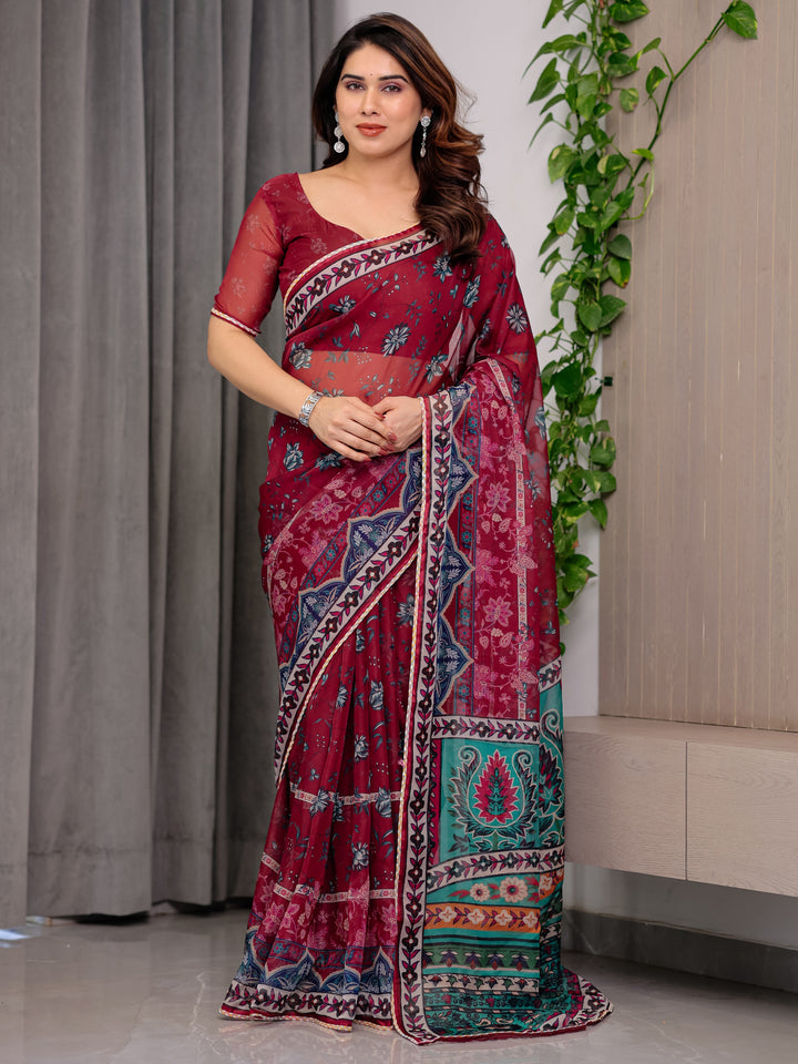 Wine Red Designer Printed Organza Saree with Multicolor Ethnic Paisley Border | Lightweight Floral Printed Party Wear Saree with Attached Blouse Piece | Festive & Wedding Wear Saree
