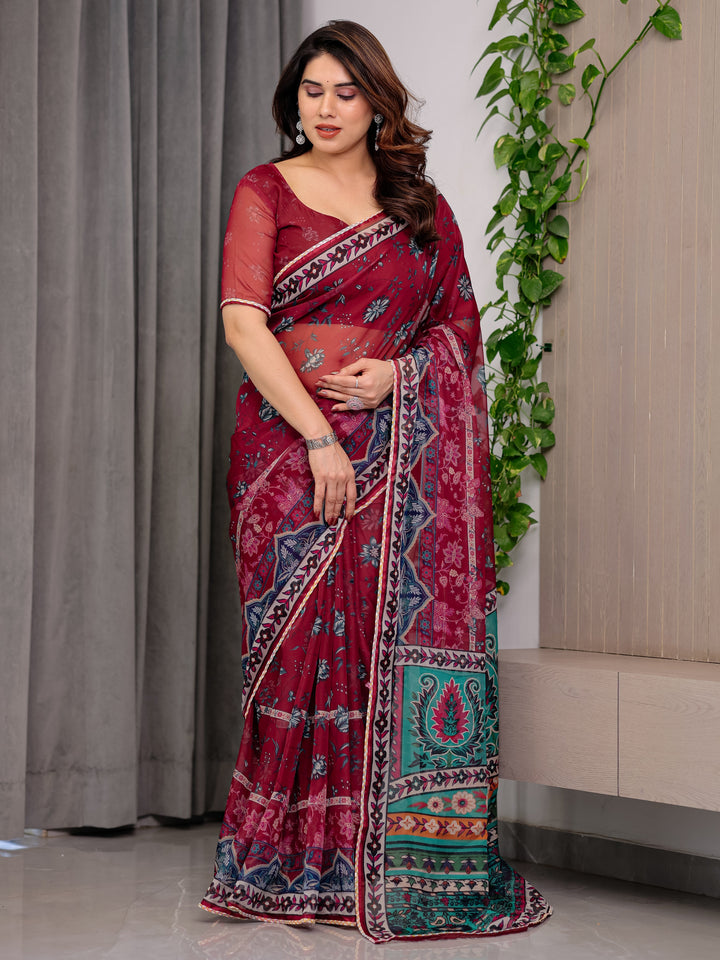Wine Red Designer Printed Organza Saree with Multicolor Ethnic Paisley Border | Lightweight Floral Printed Party Wear Saree with Attached Blouse Piece | Festive & Wedding Wear Saree