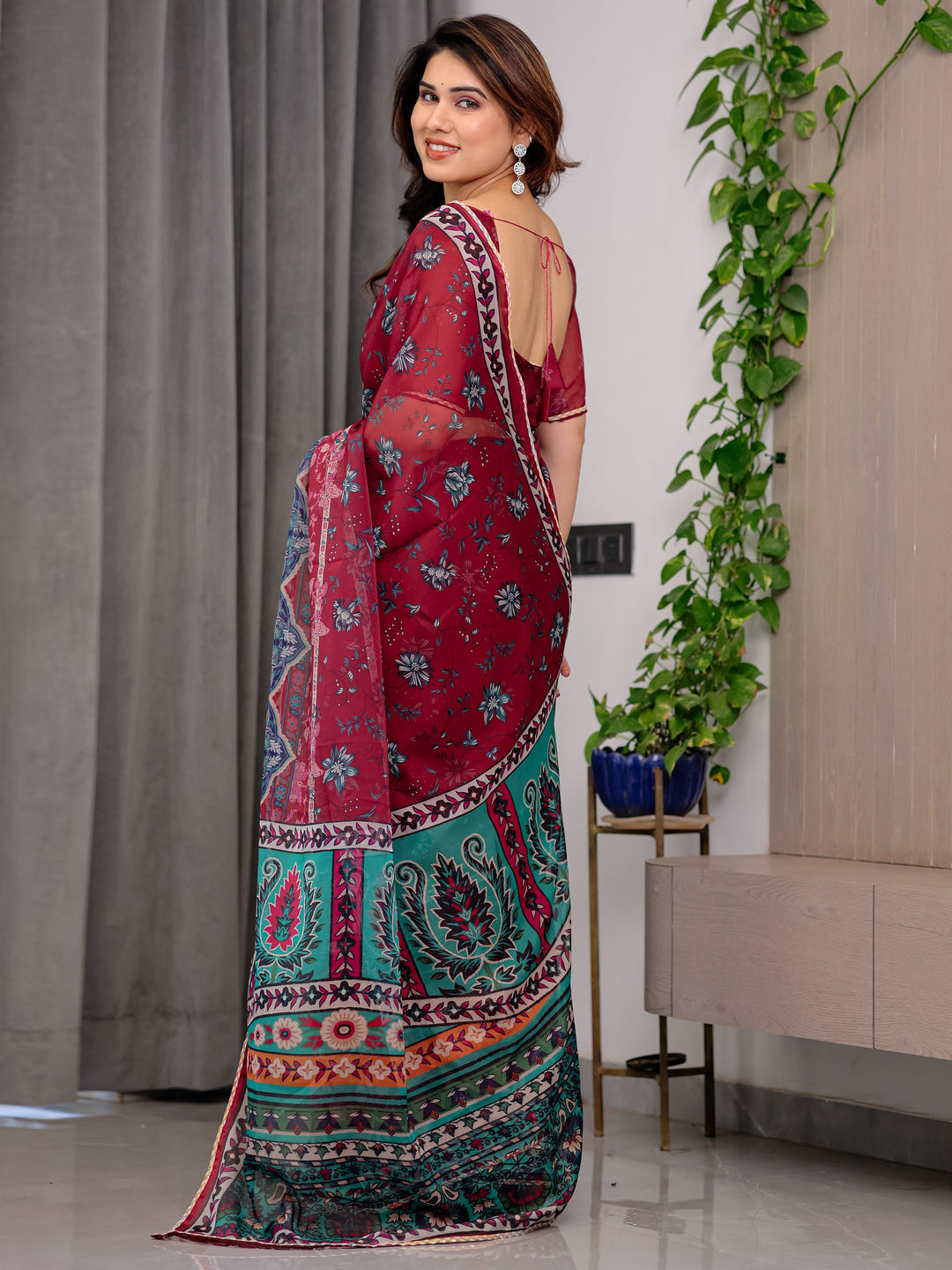 Wine Red Designer Printed Organza Saree with Multicolor Ethnic Paisley Border | Lightweight Floral Printed Party Wear Saree with Attached Blouse Piece | Festive & Wedding Wear Saree