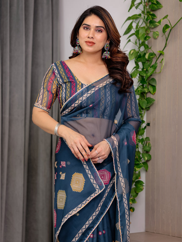 Navy Blue Printed Organza Saree with Geometric Motifs & Multicolour Lace Border | Designer Lightweight Organza Saree with Attached Blouse Piece | Elegant Festive & Party Wear Saree