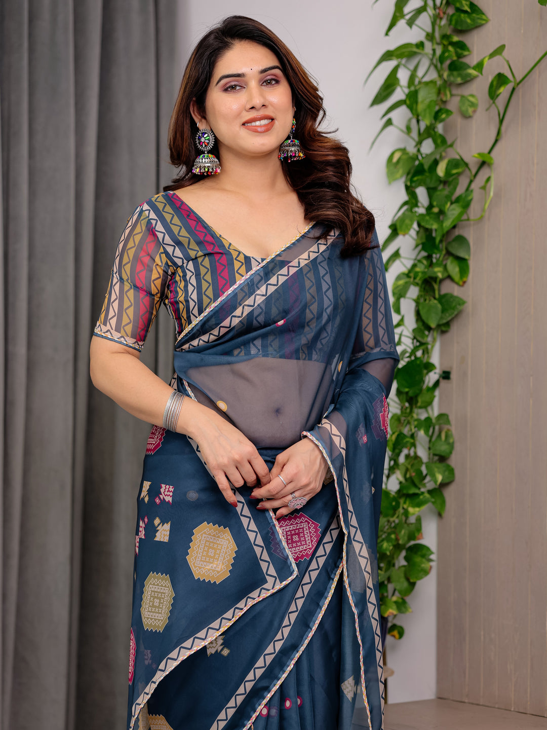 Navy Blue Printed Organza Saree with Geometric Motifs & Multicolour Lace Border | Designer Lightweight Organza Saree with Attached Blouse Piece | Elegant Festive & Party Wear Saree